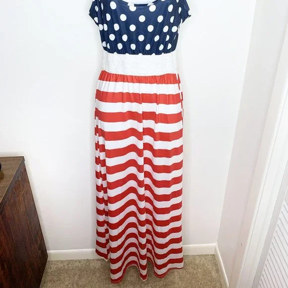 Polka Dot Stripe Red, White, and Blue Dress - Picture 3 of 4